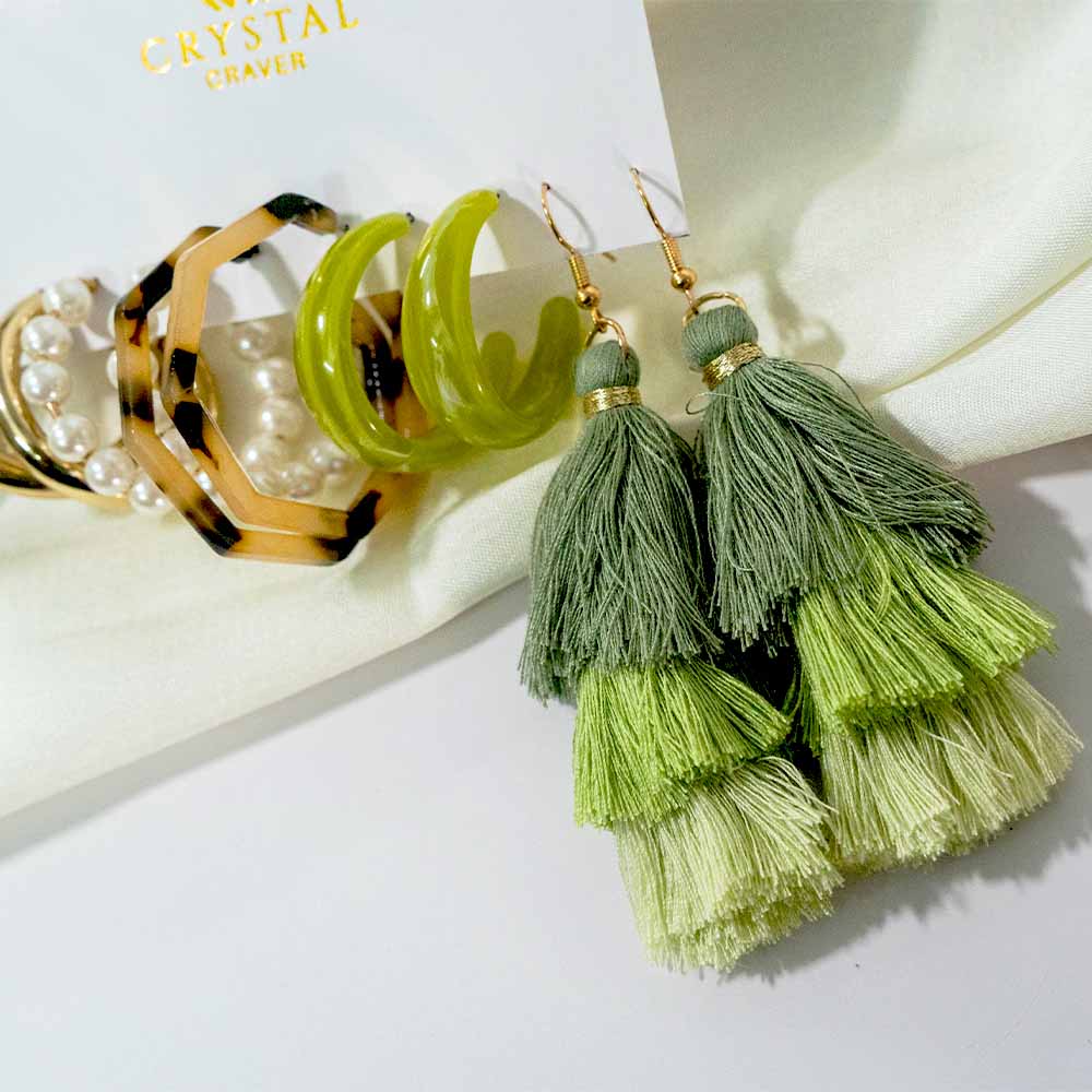 Green Tassel Earring Set Of 5