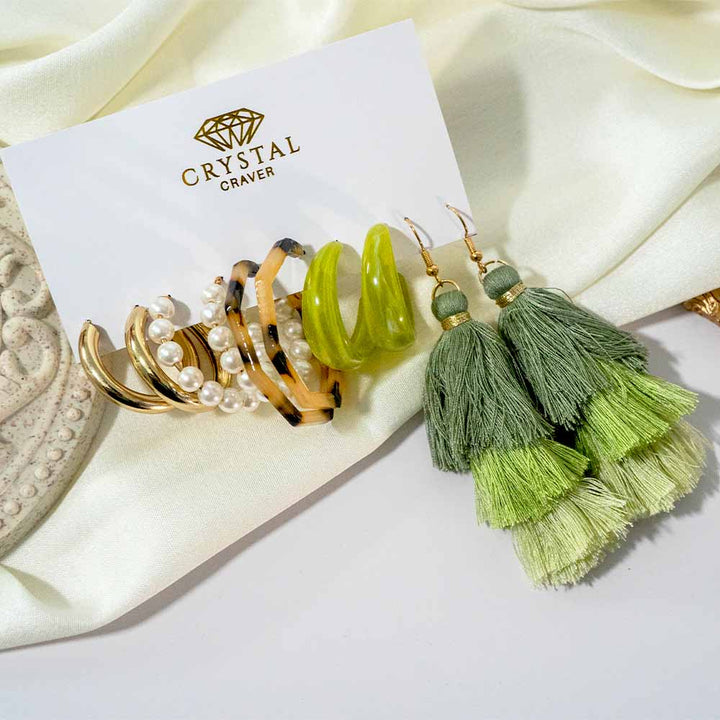 Green Tassel Earring Set Of 5