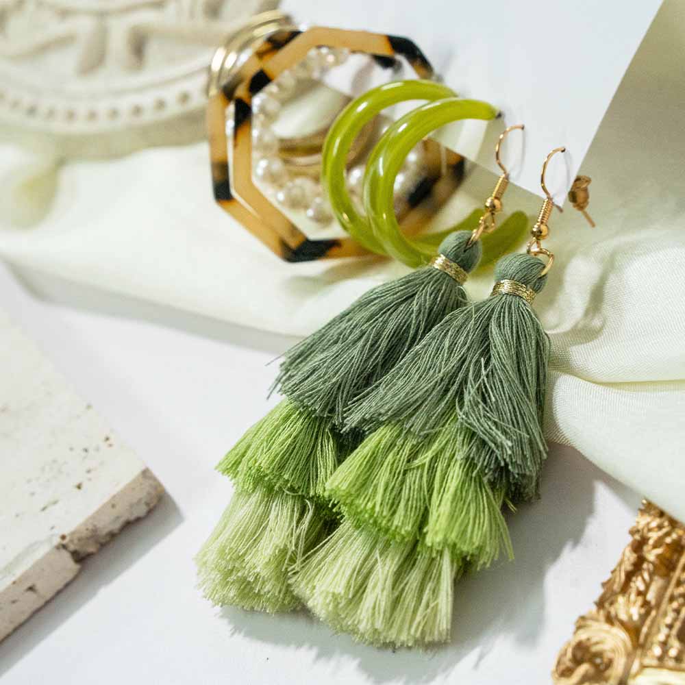 Green Tassel Earring Set Of 5