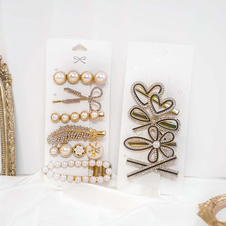 Set Of 10 Trendy Pearl & Gold Crystal Hair Clip Set