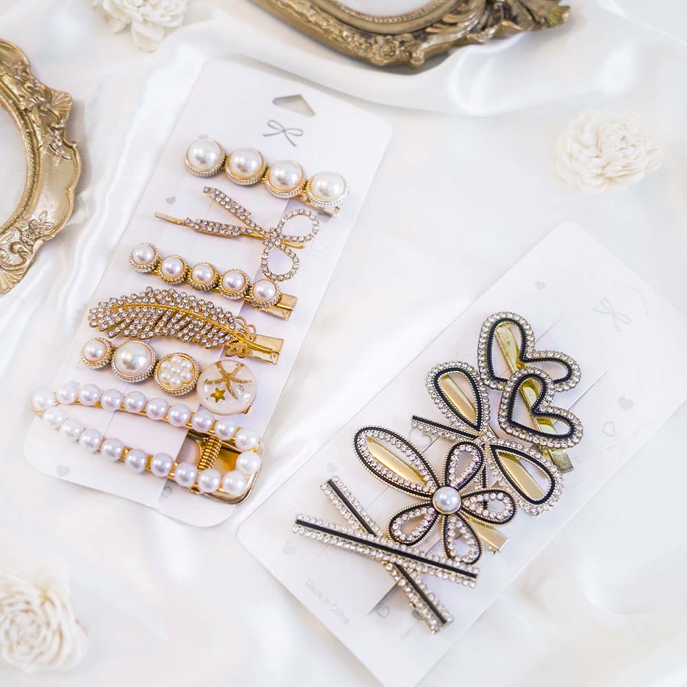 Set Of 10 Trendy Pearl & Gold Crystal Hair Clip Set