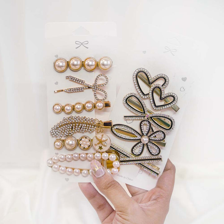 Set Of 10 Trendy Pearl & Gold Crystal Hair Clip Set