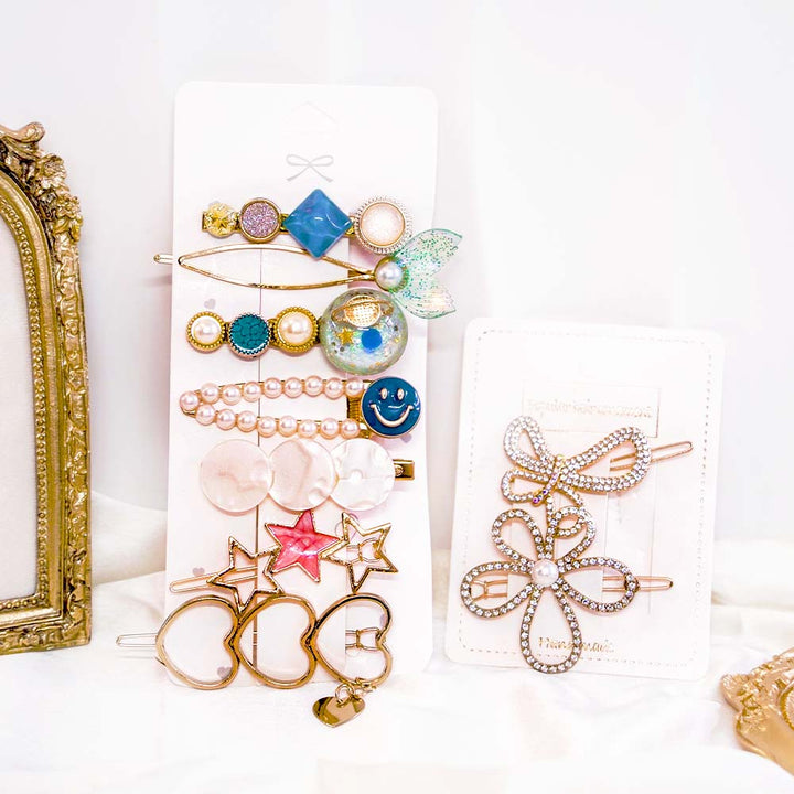 Set Of 9 Blue & Gold Hair Clip Set