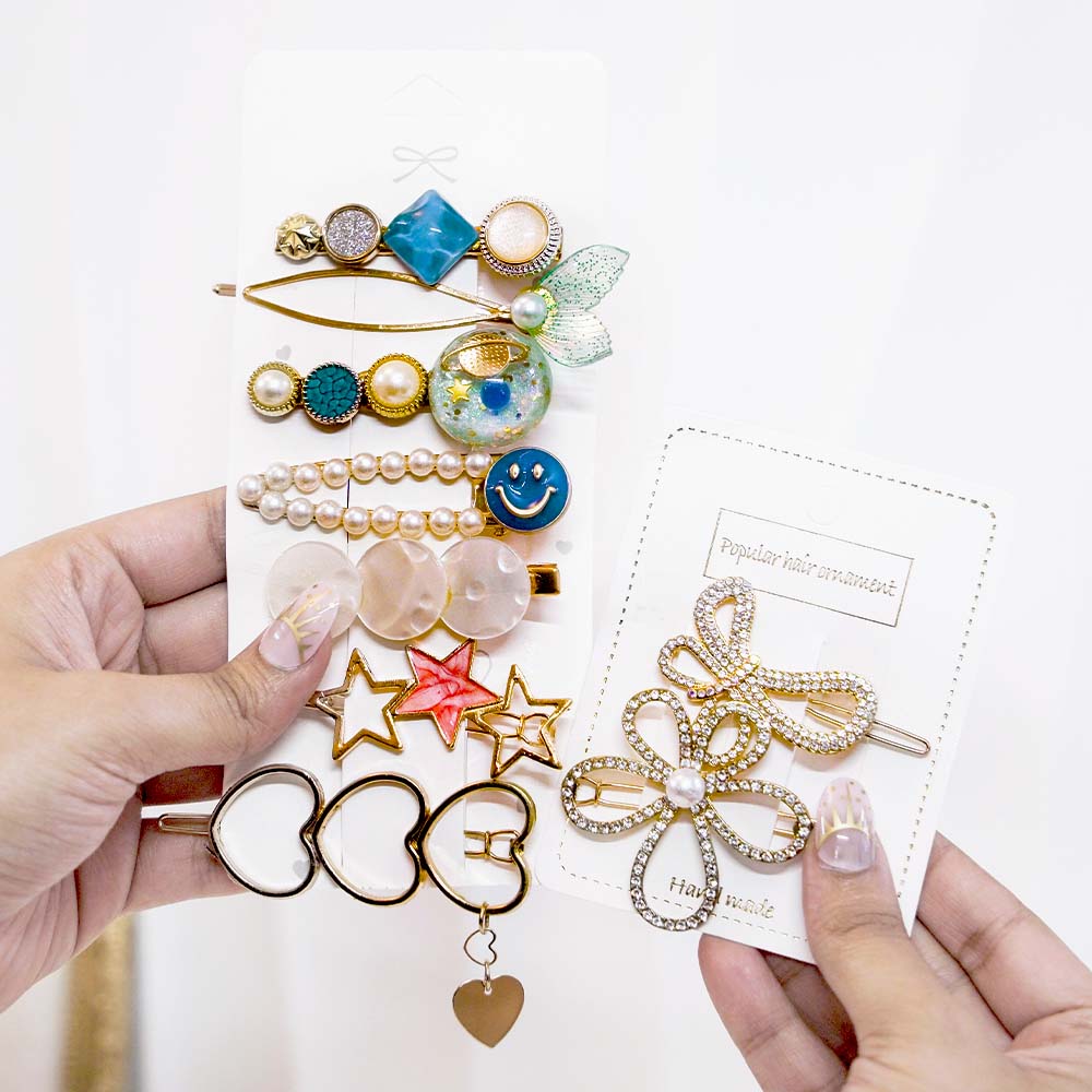 Set Of 9 Blue & Gold Hair Clip Set