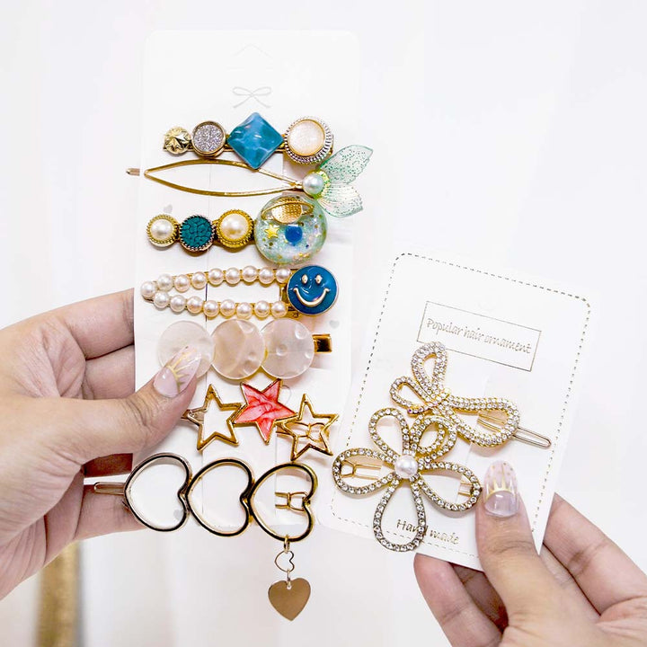 Set Of 9 Blue & Gold Hair Clip Set