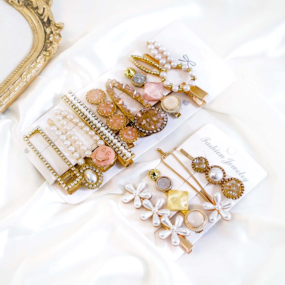 Set Of 12 Pretty Peach Crystal Hair Clip Set