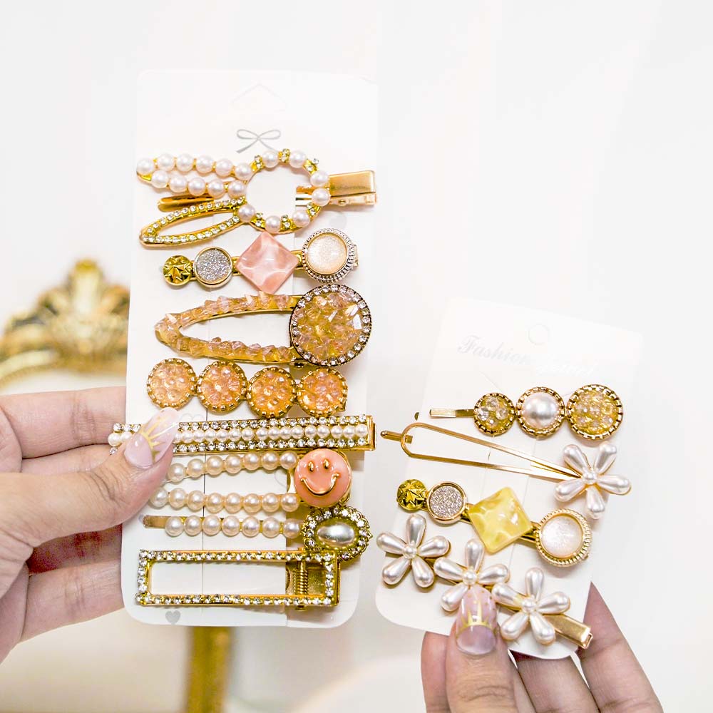 Set Of 12 Pretty Peach Crystal Hair Clip Set