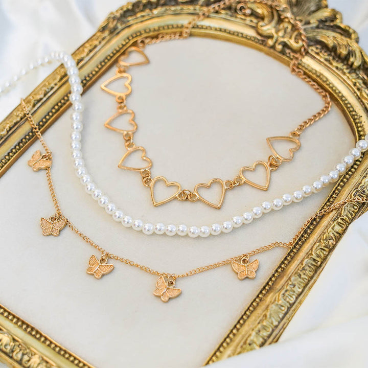 Hollow Heart 3 Layer Necklace Set