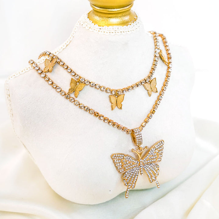 Double Layer Butterfly Choker & Necklace Combo