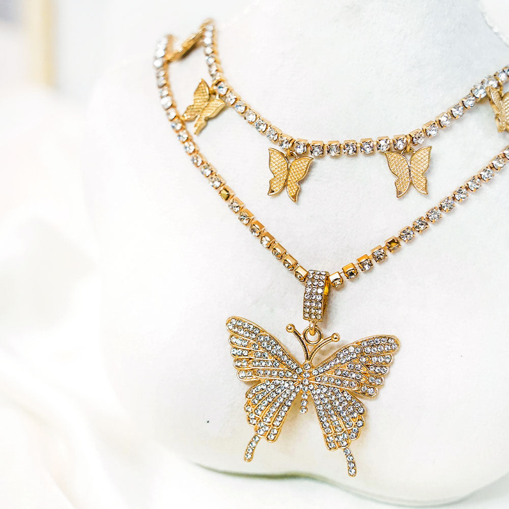 Double Layer Butterfly Choker & Necklace Combo