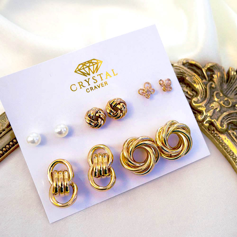 Glossy Gold Plated Stud Earrings Set