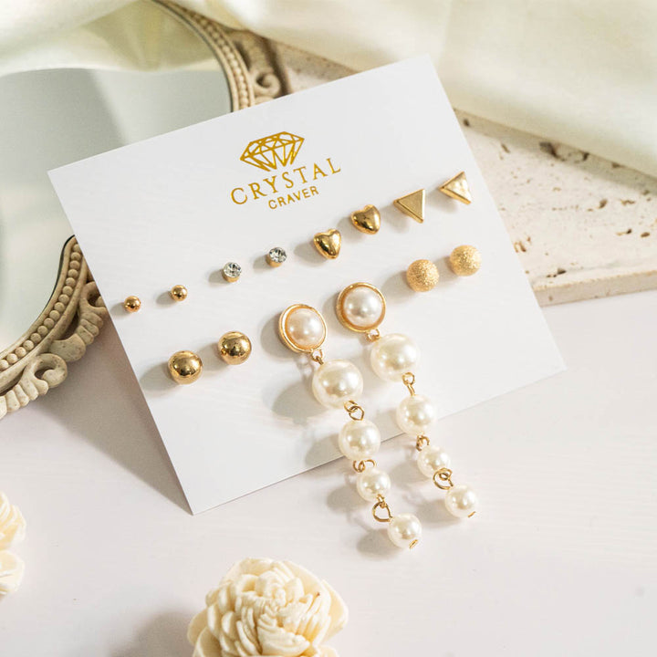 Gold & Pearl Earring Set Of 8