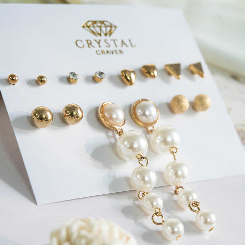 Gold & Pearl Earring Set Of 8