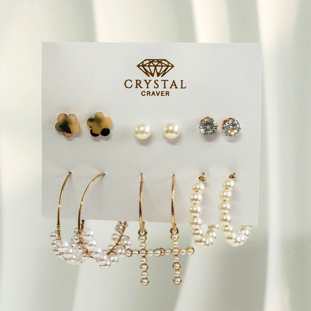 Pearl Stud & Hoop Earring Set Of 6