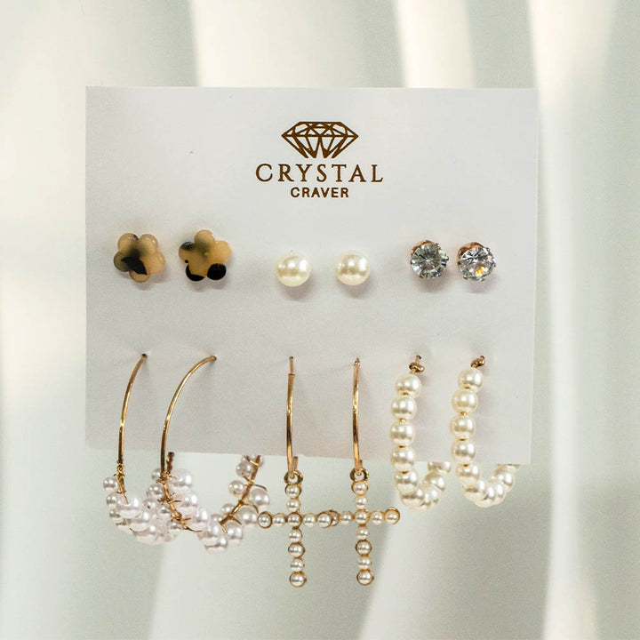 Pearl Stud & Hoop Earring Set Of 6
