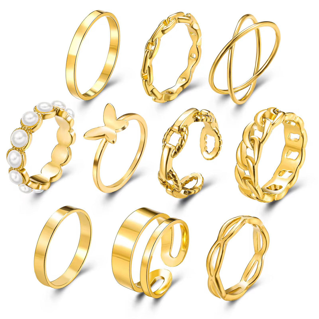 Gold Plated 10 Pc Rings Set