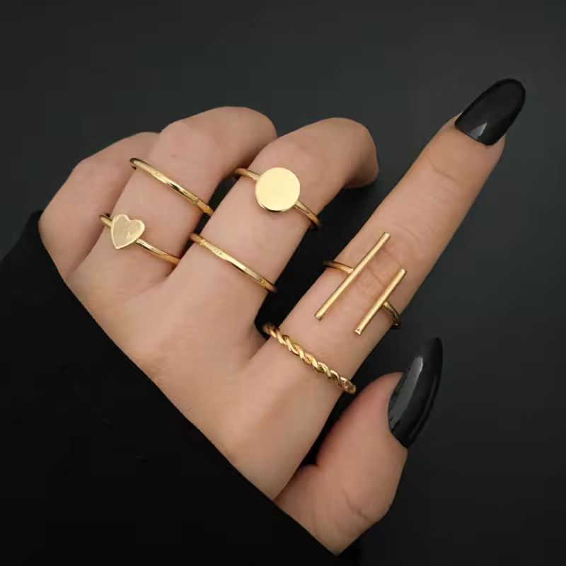 Set Of 6 Geometric Gold Plated Rings
