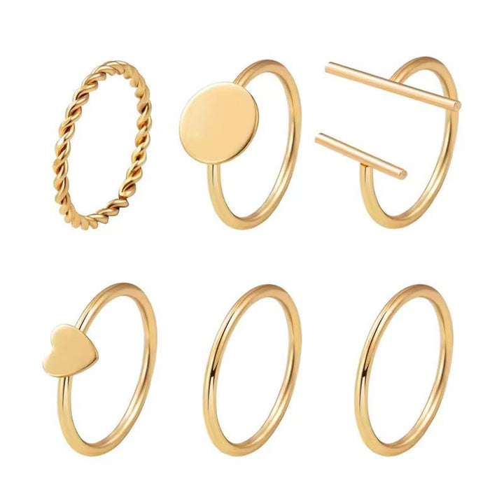 Set Of 6 Geometric Gold Plated Rings