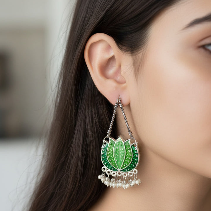 Long Meenakari Lotus Drop Earrings