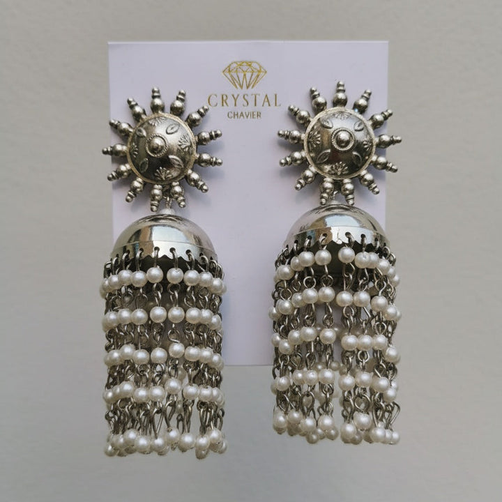 Silver Oxidised Pearl Tassel Earrings