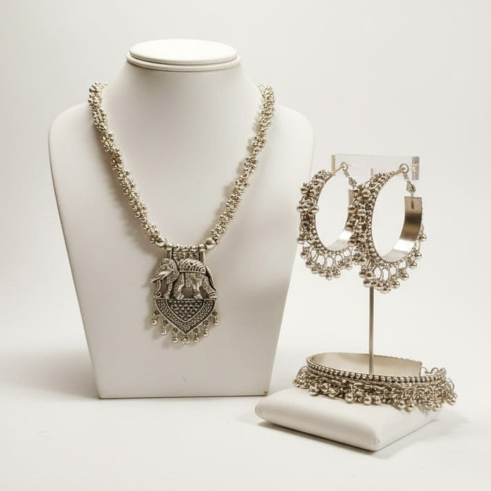 Long Oxidised Necklace Sets With Earring & Bangle