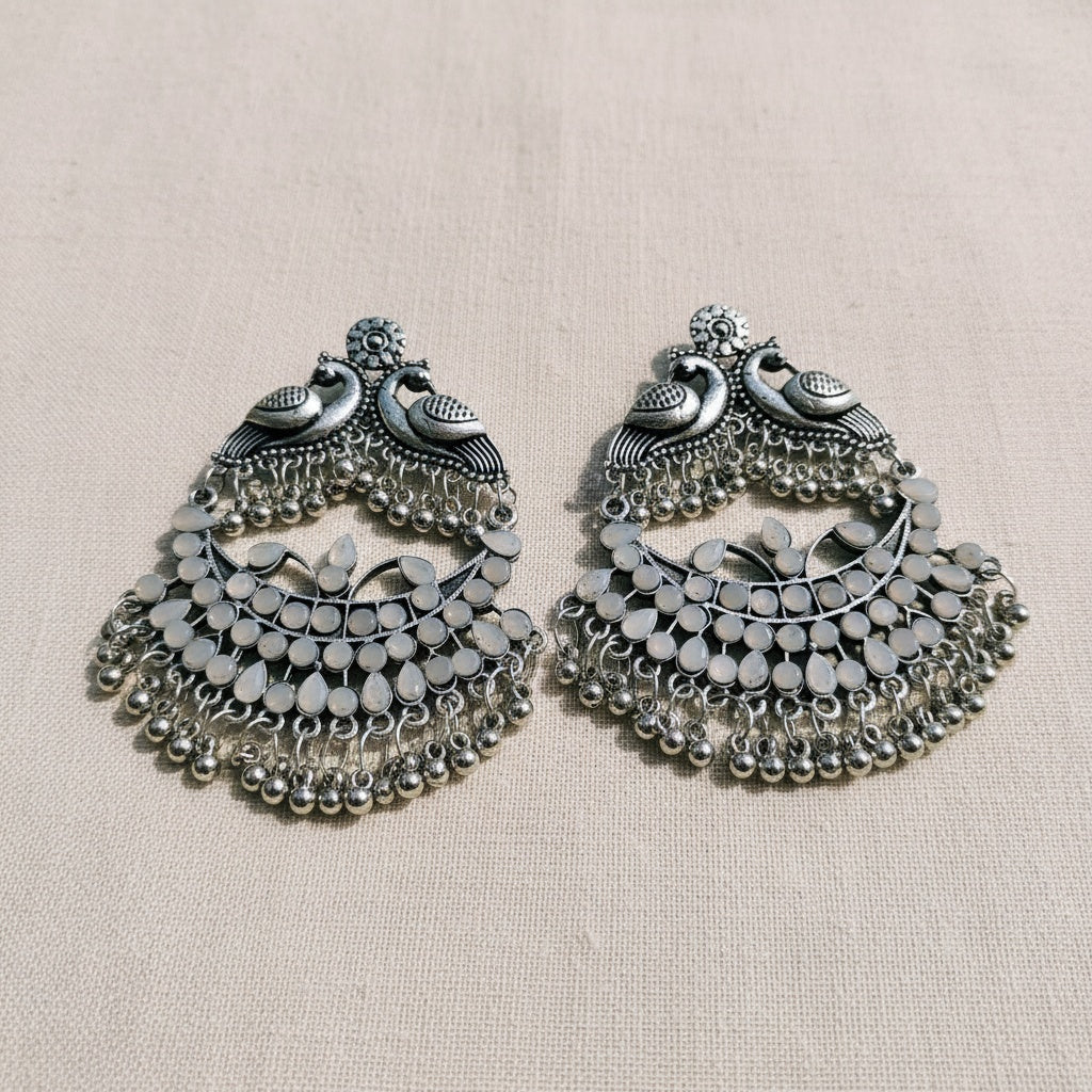 Long Ethnic Silver Oxidised Earrings