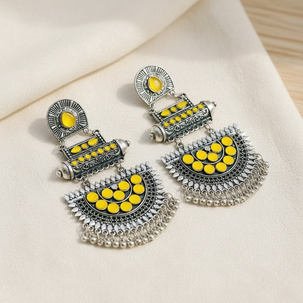 Large Yellow Cresent Oxidised Earrings