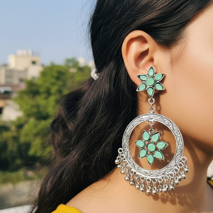 Oxidised Silver Circular Drop Flower Earrings