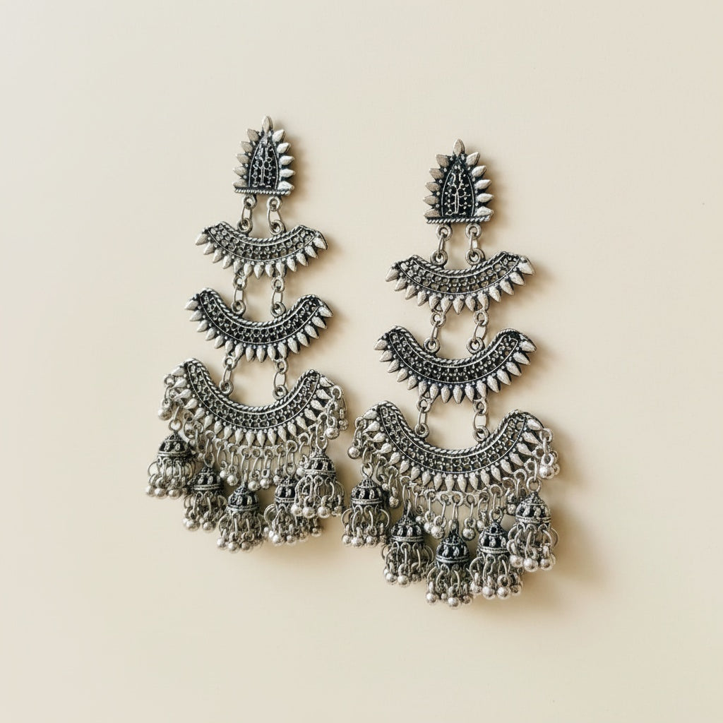 Layered Silver Oxidised Jhumka Earrings