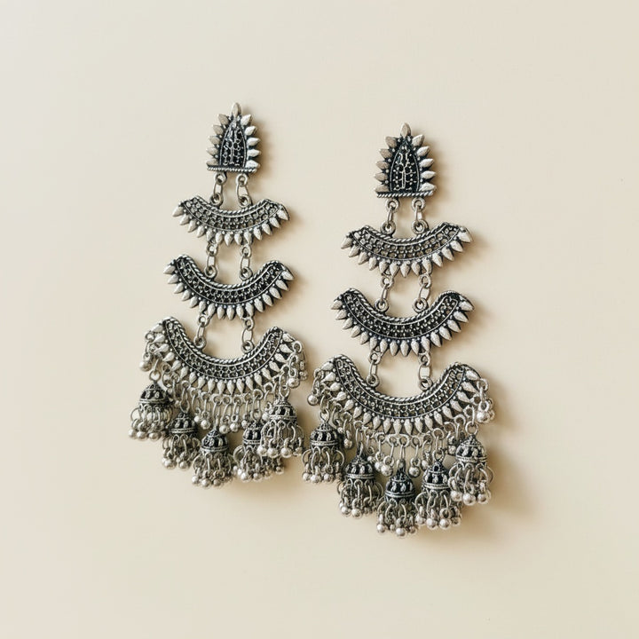Layered Silver Oxidised Jhumka Earrings