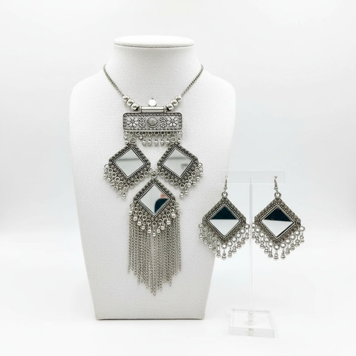 Long Oxidised Mirror Necklace Set