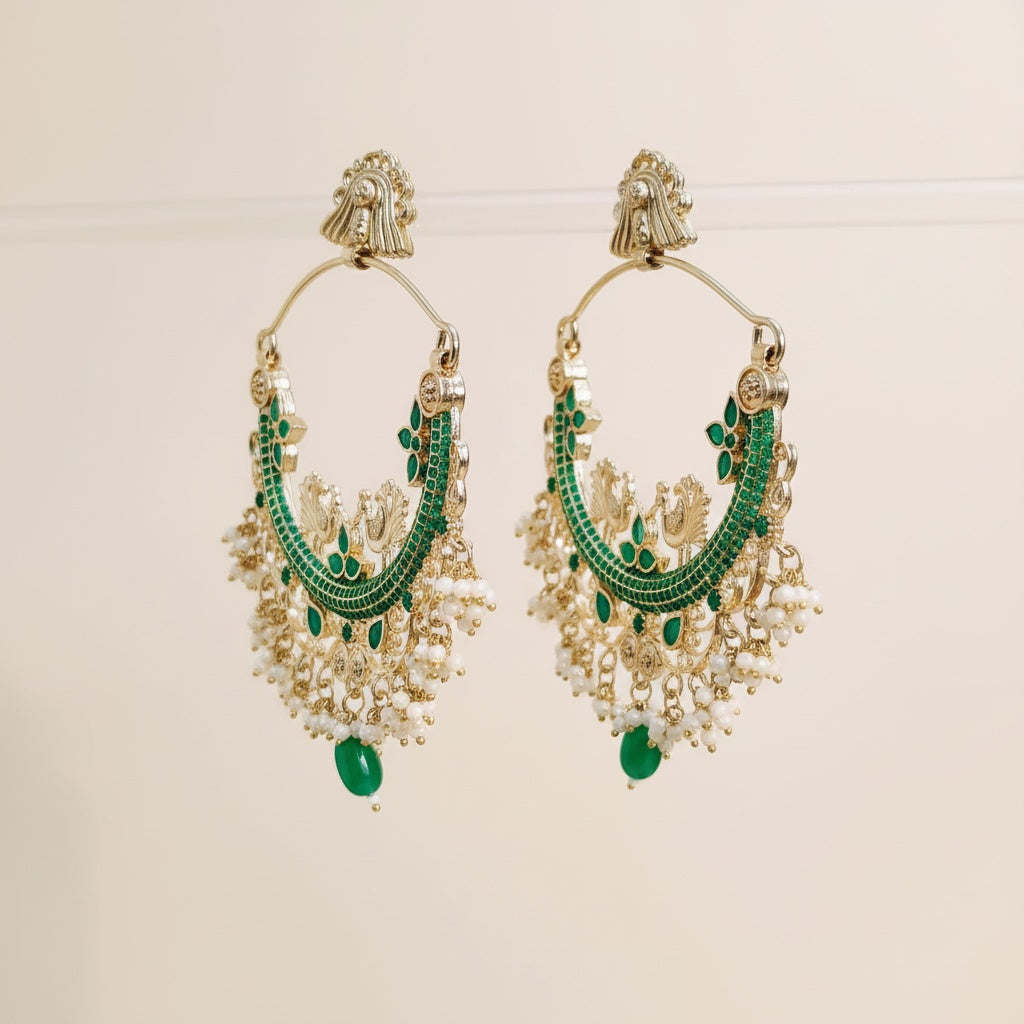 Large Green Chandbalis Drop Earrings