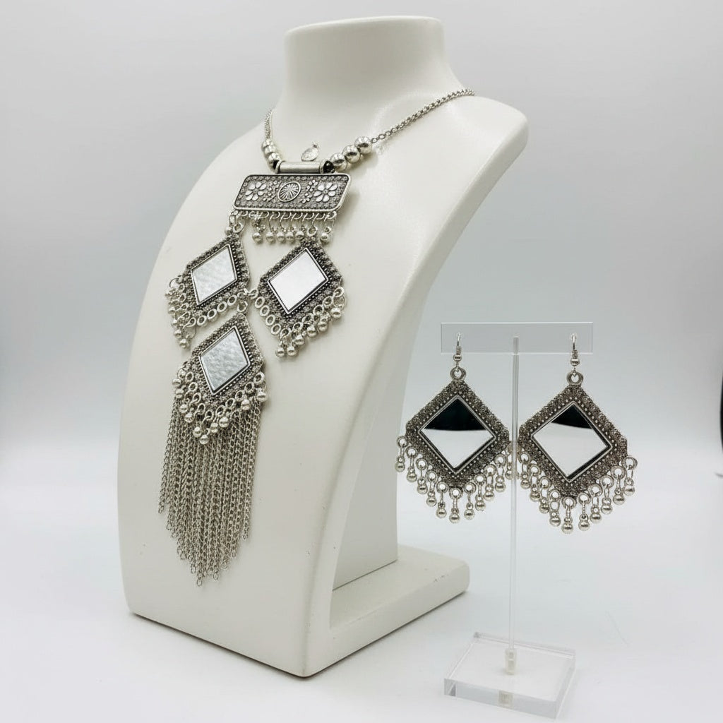 Long Oxidised Mirror Necklace Set