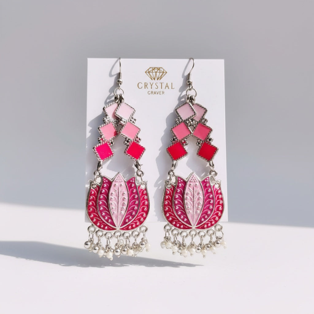 Long Meenakari Lotus Drop Earrings
